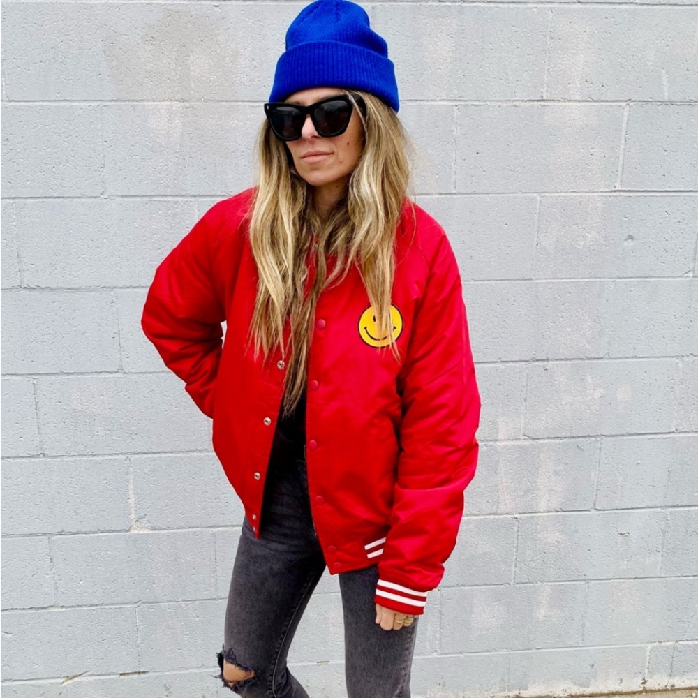 Ascot + Hart Satin Bomber Jacket with smiley face